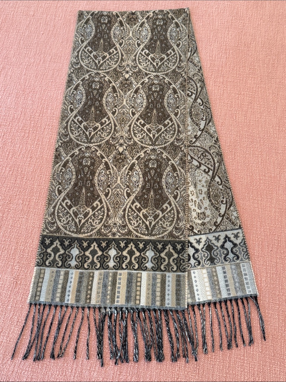 Cashmink soft & Elegant Paisley Fringe Scarf in Brown / Tan unisex